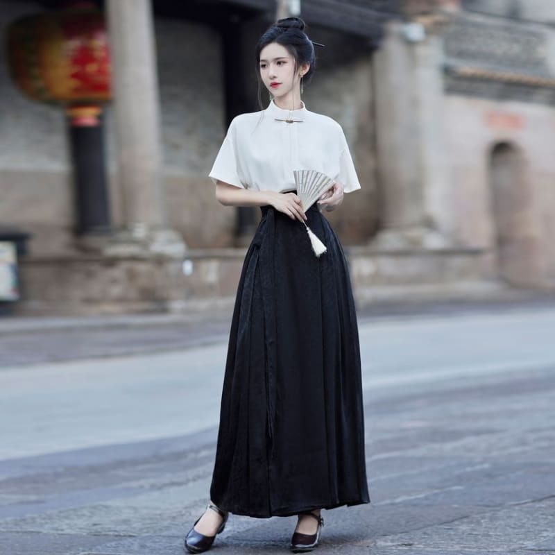 Short-Sleeve Stand Collar Plain Blouse / High Rise Maxi