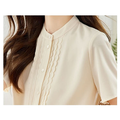 Short Sleeve Stand Collar Ruffle Trimmed Blouse