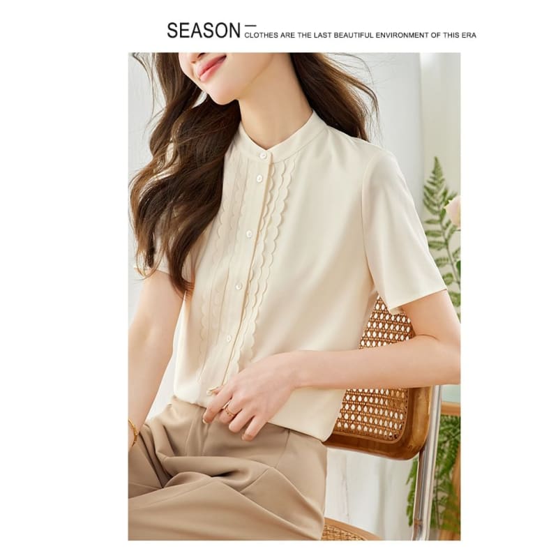 Short Sleeve Stand Collar Ruffle Trimmed Blouse