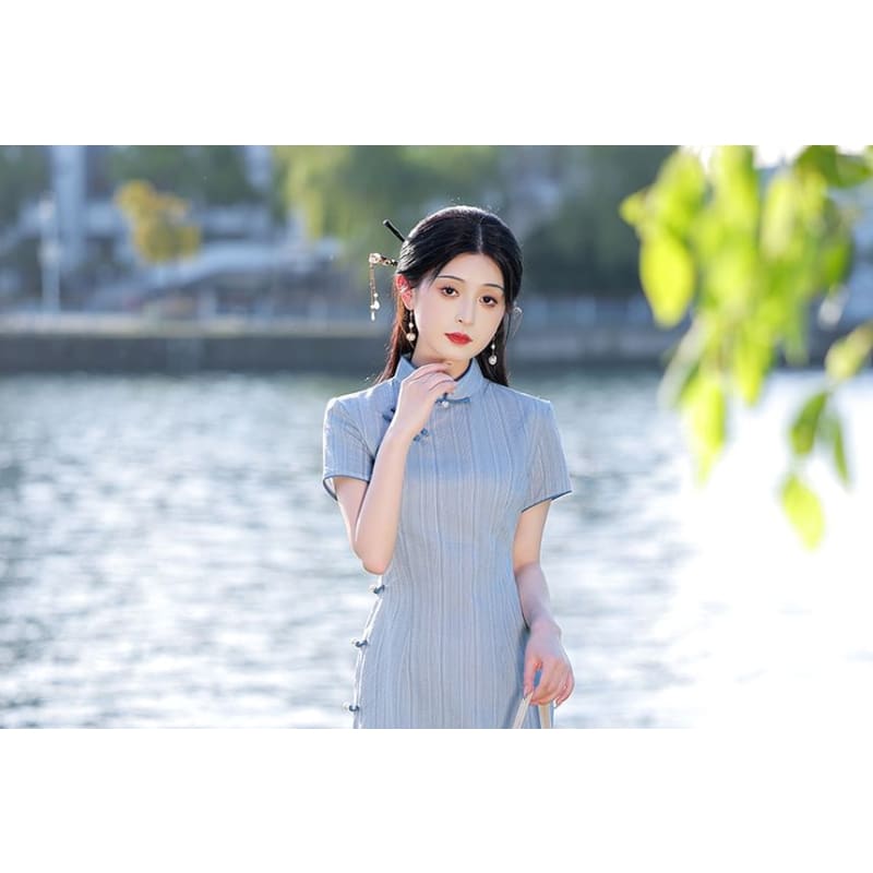 Short-Sleeve Stand Collar Striped Frog Buttoned Slit Midi