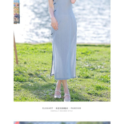 Short-Sleeve Stand Collar Striped Frog Buttoned Slit Midi