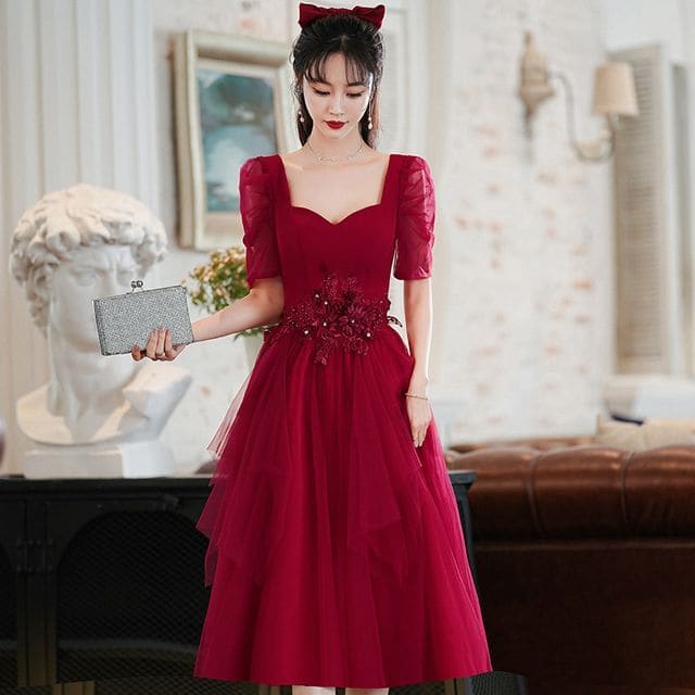 Short-Sleeve Sweetheart Neckline Mesh A-Line Evening Gown