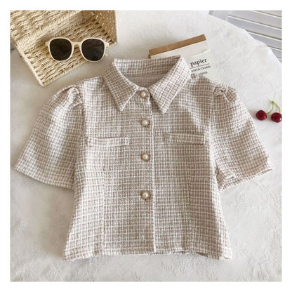 Short-Sleeve Tweed Crop Shirt