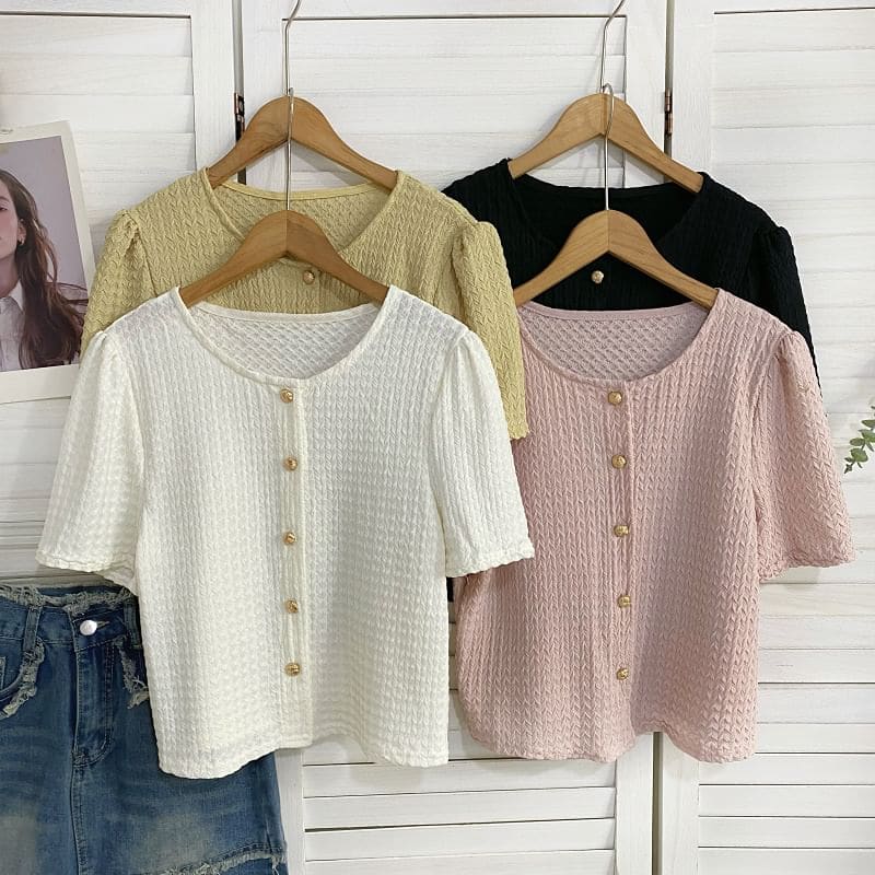 Short-Sleeve V-Neck Button-Up Top