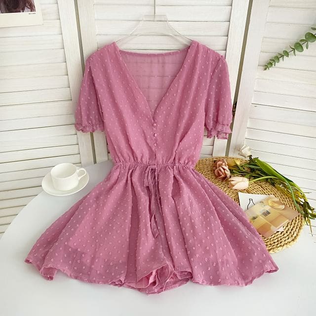 Short-Sleeve V-Neck Dotted Drawstring Waist Romper - Pink