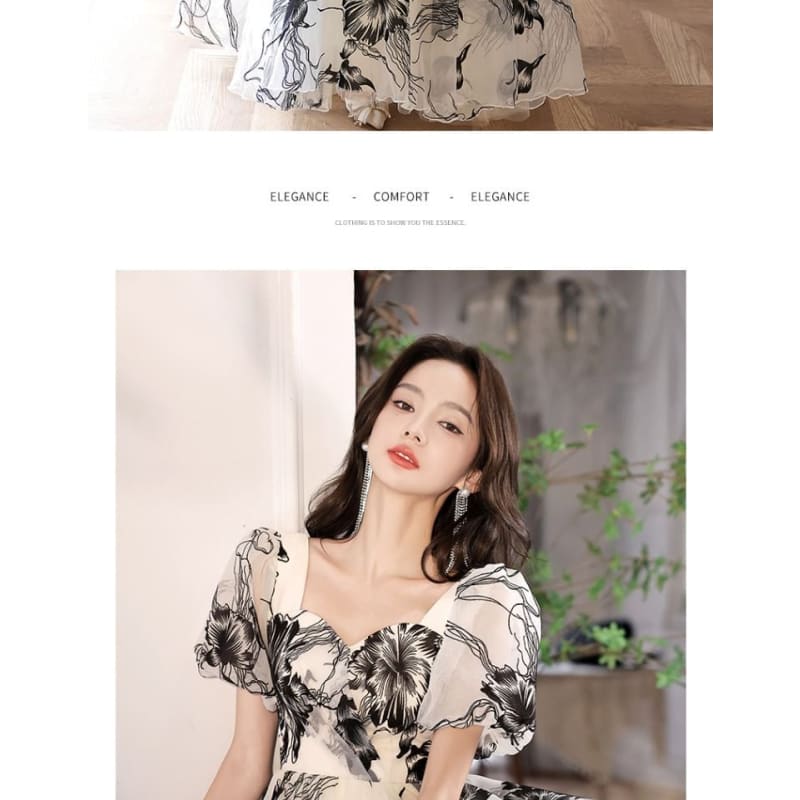 Short-Sleeve V-Neck Floral A-Line Evening Gown