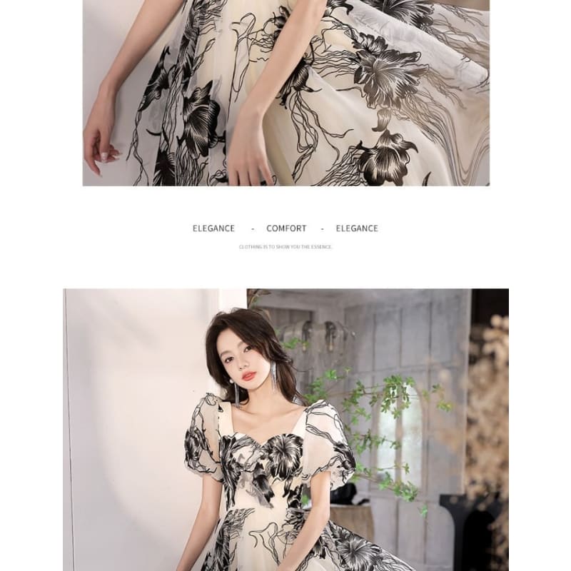 Short-Sleeve V-Neck Floral A-Line Evening Gown