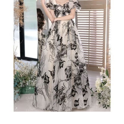 Short-Sleeve V-Neck Floral A-Line Evening Gown