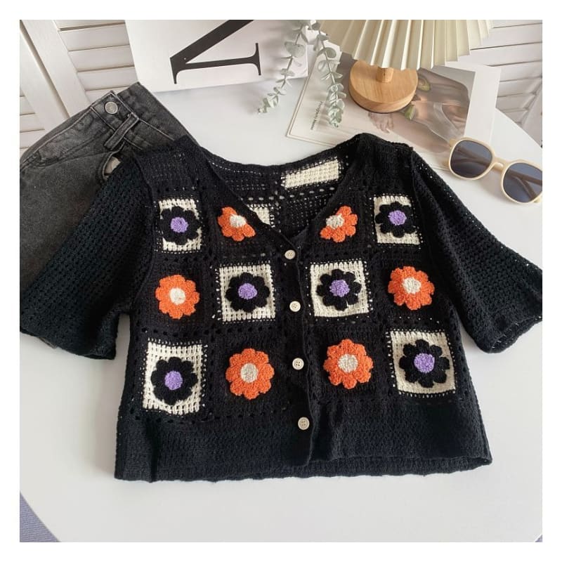 Short-Sleeve V-Neck Floral Crochet Knit Crop Cardigan