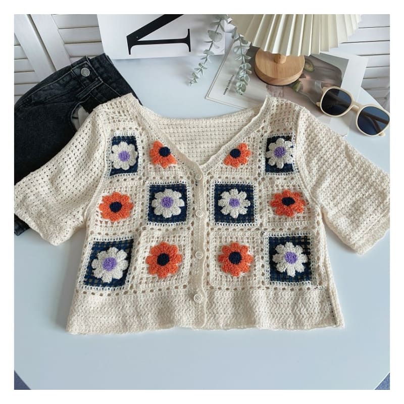 Short-Sleeve V-Neck Floral Crochet Knit Crop Cardigan