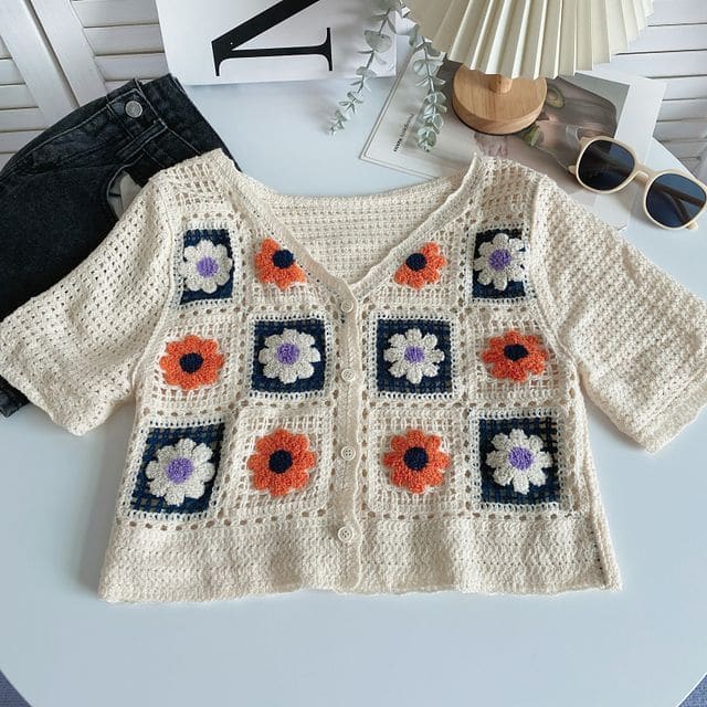 Short-Sleeve V-Neck Floral Crochet Knit Crop Cardigan