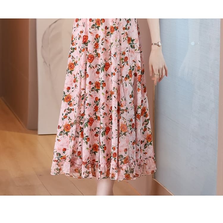 Short-Sleeve V-Neck Floral Print Frill Midi A-Line Dress