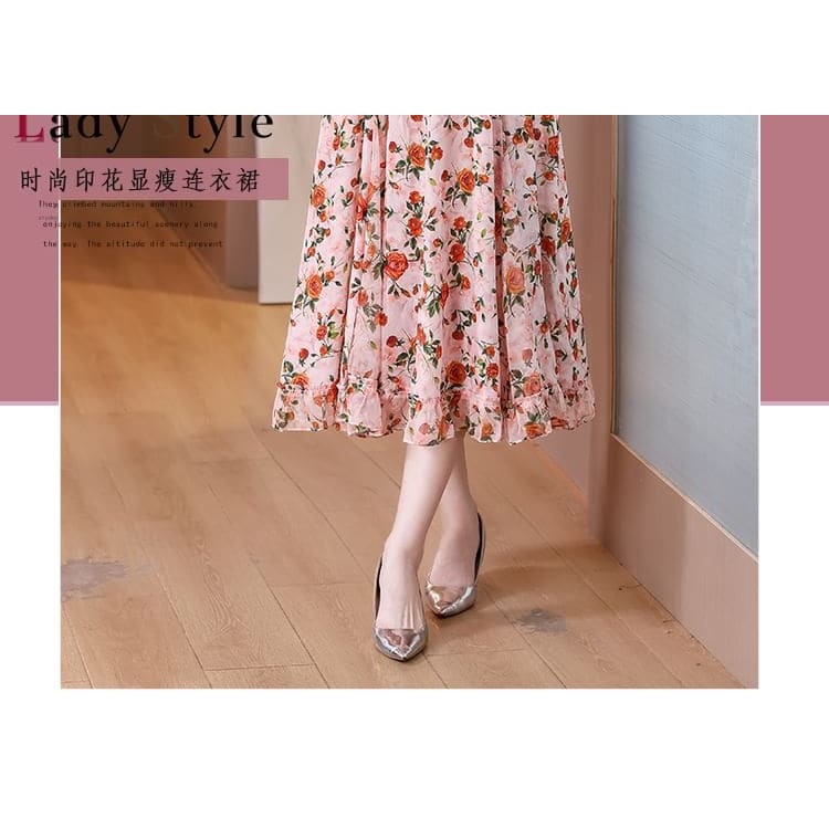 Short-Sleeve V-Neck Floral Print Frill Midi A-Line Dress