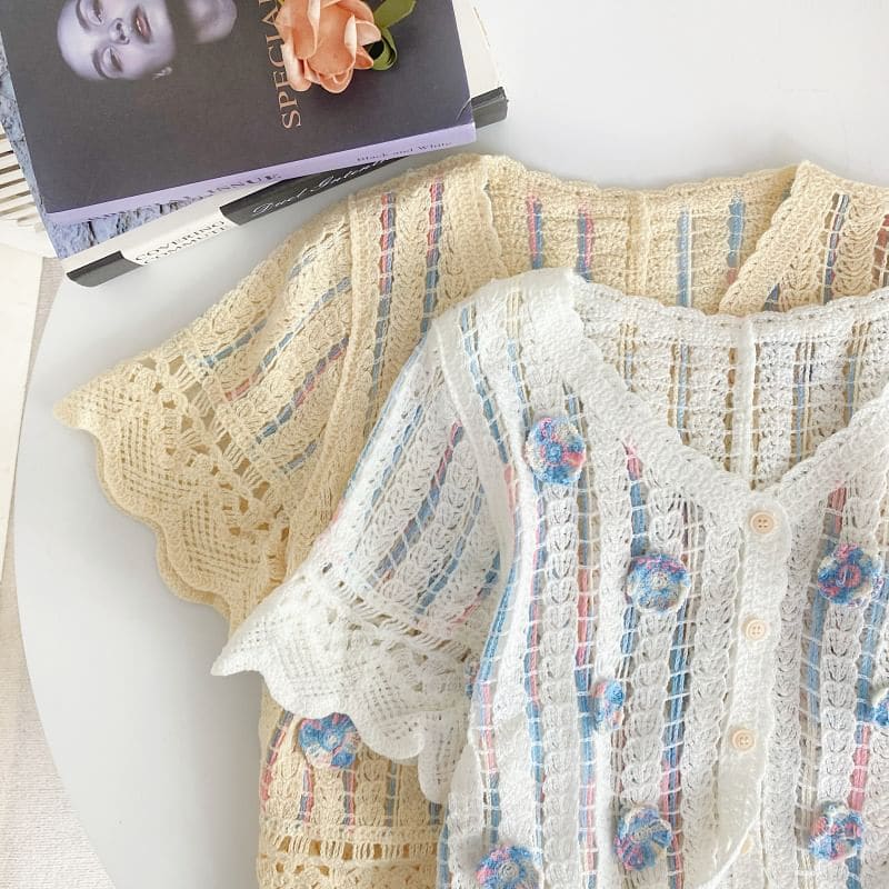 Short-Sleeve V-Neck Flower Detail Crochet Cardigan