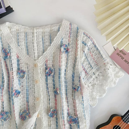 Short-Sleeve V-Neck Flower Detail Crochet Cardigan