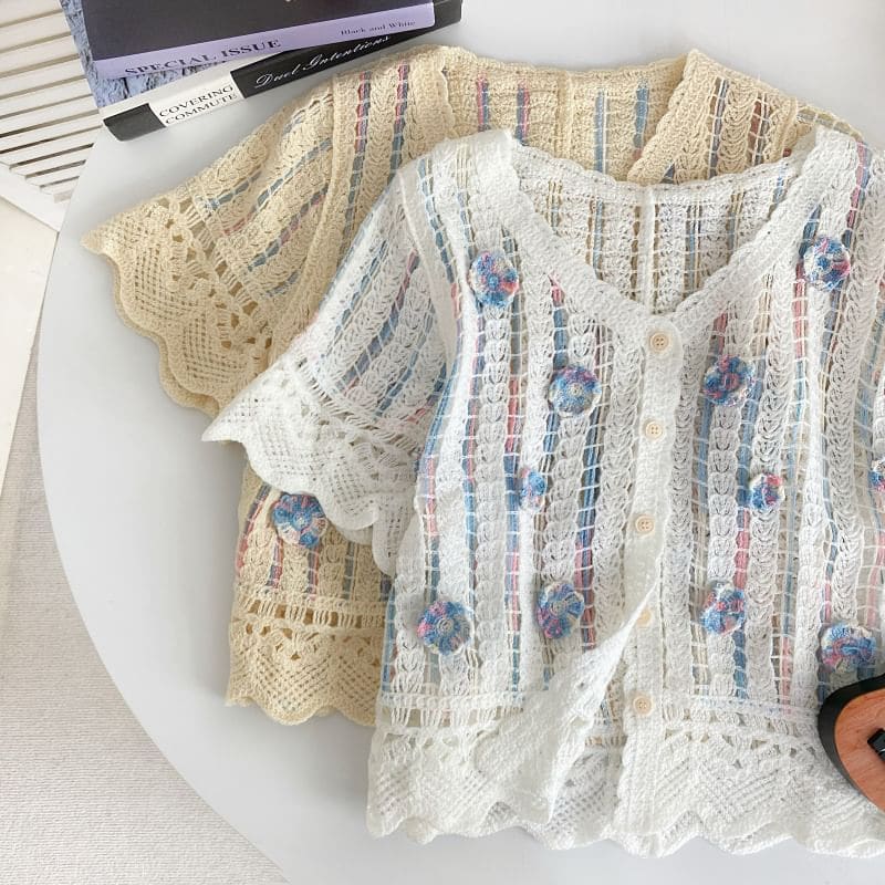 Short-Sleeve V-Neck Flower Detail Crochet Cardigan