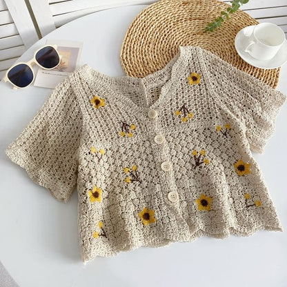 Short-Sleeve V-Neck Flower Embroidered Crochet Knit Top