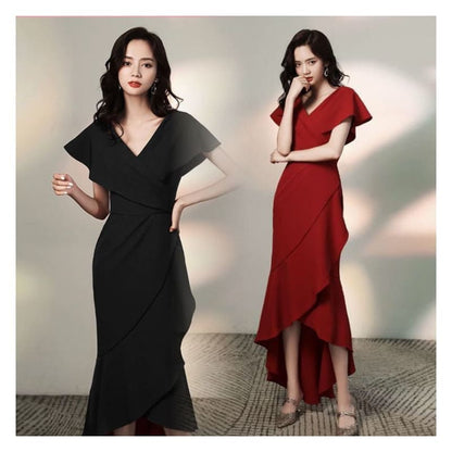 Short-Sleeve V-Neck Plain Asymmetric Dress