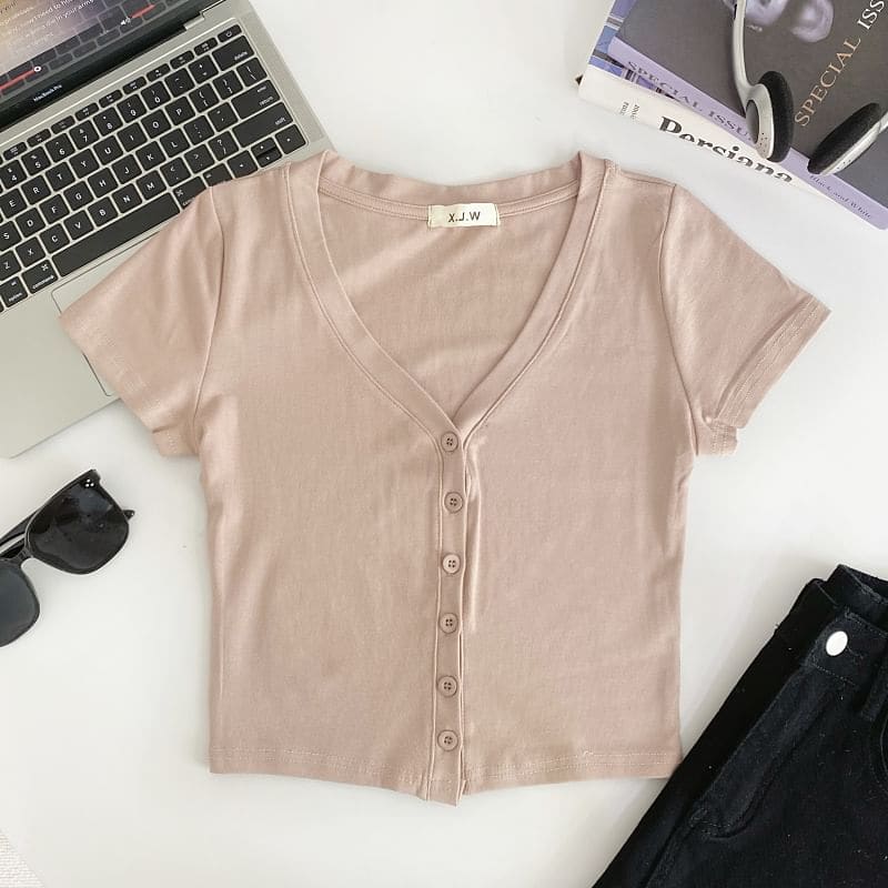 Short-Sleeve V-Neck Plain Button Crop T-Shirt