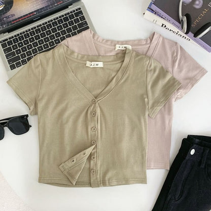 Short-Sleeve V-Neck Plain Button Crop T-Shirt