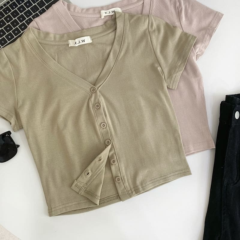 Short-Sleeve V-Neck Plain Button Crop T-Shirt