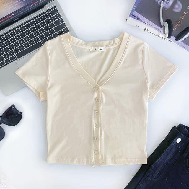 Short-Sleeve V-Neck Plain Button Crop T-Shirt - Almond