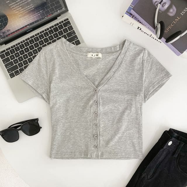 Short-Sleeve V-Neck Plain Button Crop T-Shirt - Gray