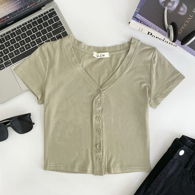 Short-Sleeve V-Neck Plain Button Crop T-Shirt - Green