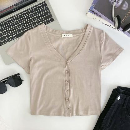 Short-Sleeve V-Neck Plain Button Crop T-Shirt - Light Khaki