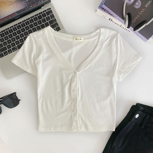 Short-Sleeve V-Neck Plain Button Crop T-Shirt - White