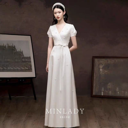 Short-Sleeve V-Neck Plain Faux Pearl A-Line Evening Gown