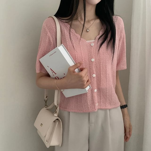 Short-Sleeve V-Neck Plain Knit Top - Pink / M