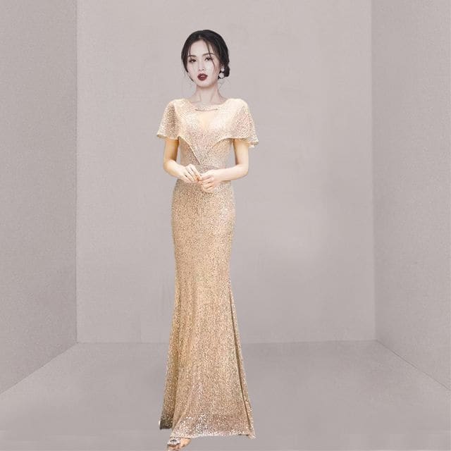 Short-Sleeve V-Neck Plain Mermaid Evening Gown - Gold / XS