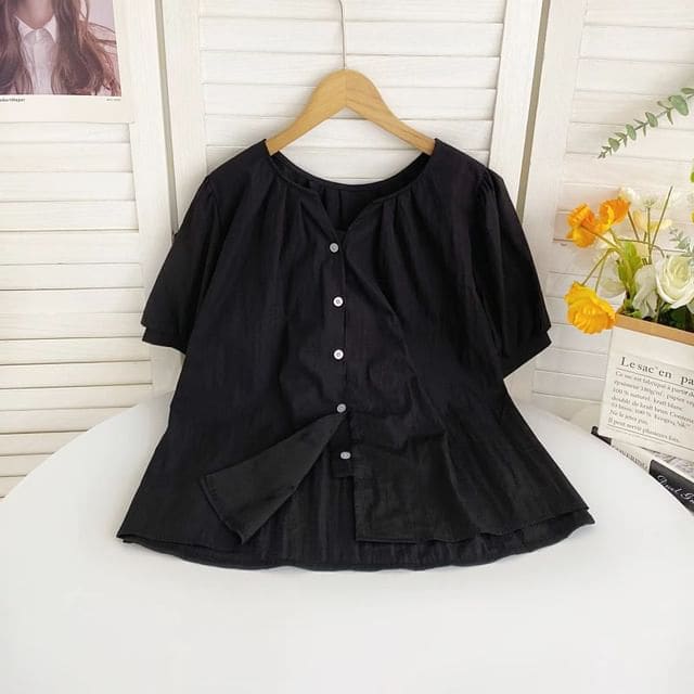 Short-Sleeve V-Neck Ruched Blouse - Plain - Black / One Size