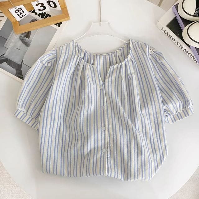 Short-Sleeve V-Neck Ruched Blouse - Stripes - Blue