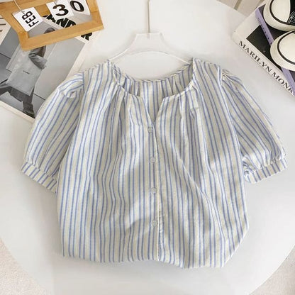 Short-Sleeve V-Neck Ruched Blouse - Stripes - Blue