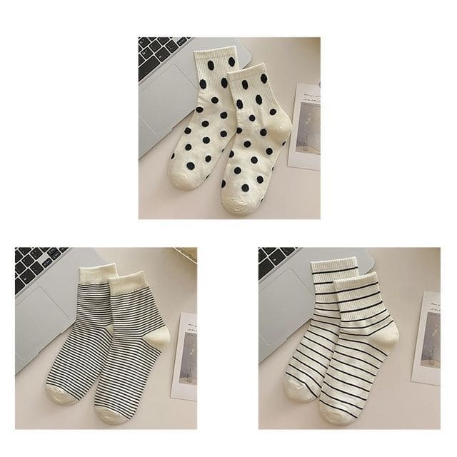 Short Socks Set - 3 Pairs - Dots & Narrow Stripes & Wide