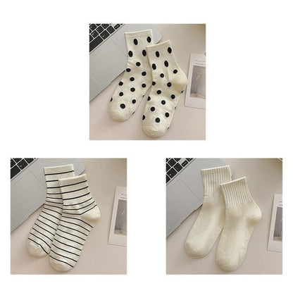 Short Socks Set - 3 Pairs - Dots & Wide Stripes & Plain