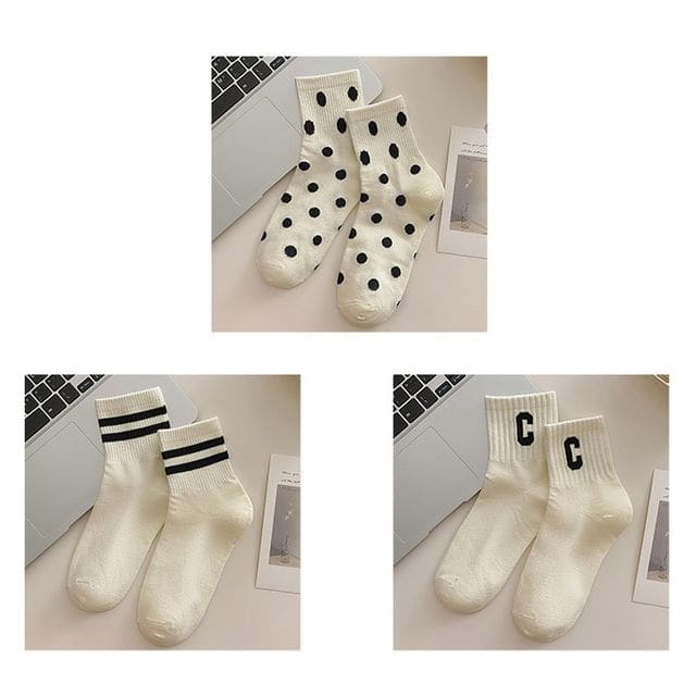 Short Socks Set - 3 Pairs - Two Stripes & Letter C & Dots