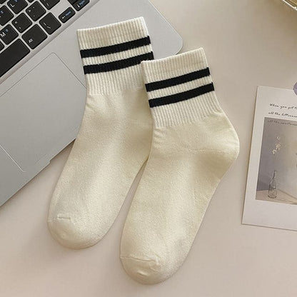 Short Socks Set - 3 Pairs - Two Stripes - White / One Size