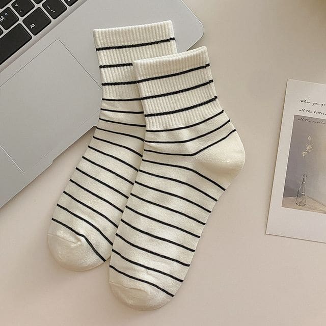 Short Socks Set - 3 Pairs - Wide Stripes - White / One Size