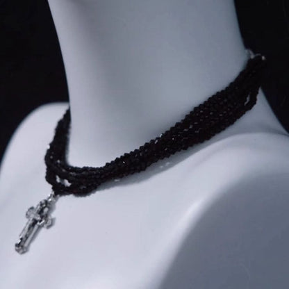 Silver Cross Pendant Black Multi Layers Necklace - Black