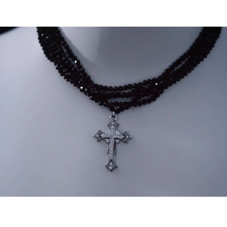 Silver Cross Pendant Black Multi Layers Necklace - Black