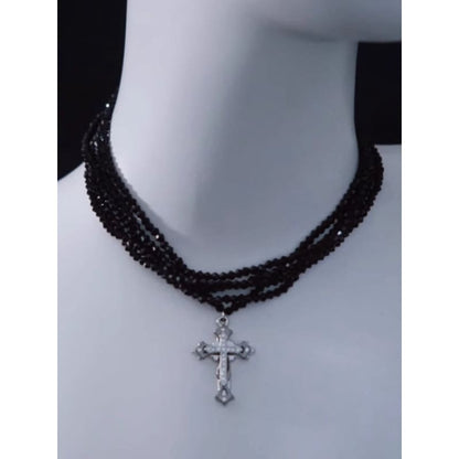 Silver Cross Pendant Black Multi Layers Necklace - Black