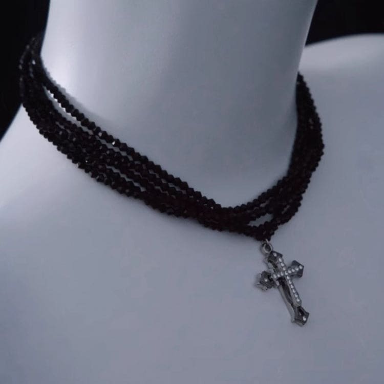 Silver Cross Pendant Black Multi Layers Necklace - Black