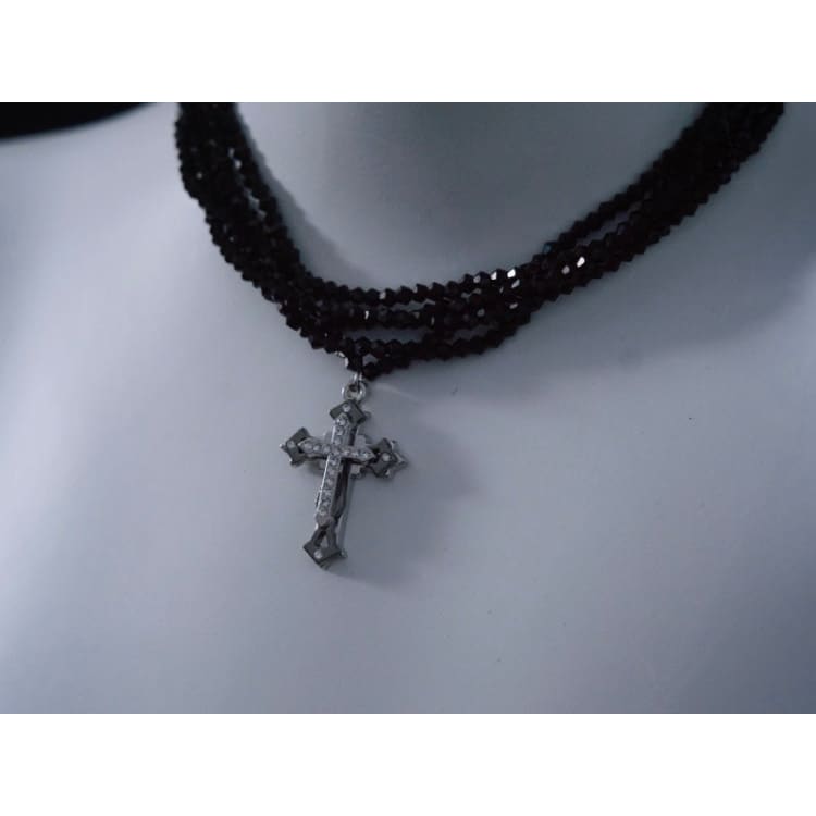 Silver Cross Pendant Black Multi Layers Necklace - Black