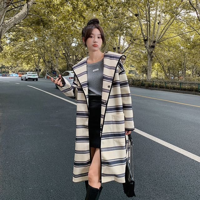 Single-Breasted Color Block Striped Hooded Woolen Jacket