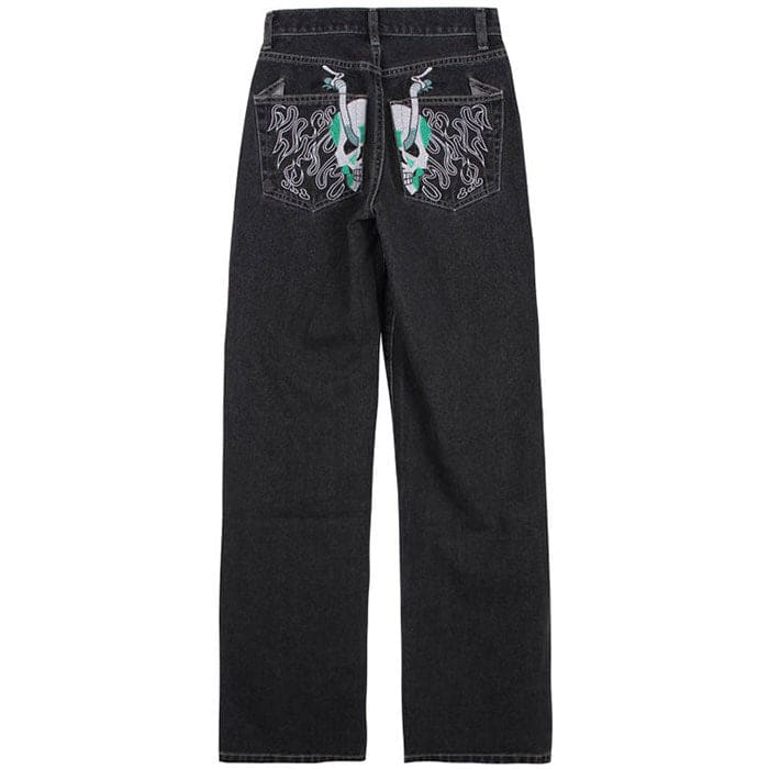 Skeleton Embroidery Jeans - S / Black - Jeans