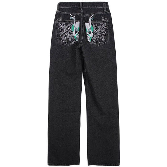 Skeleton Embroidery Jeans - S / Black - Jeans