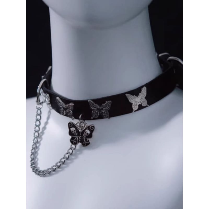 Skull Butterfly Pendant Black Choker with Chain - Black